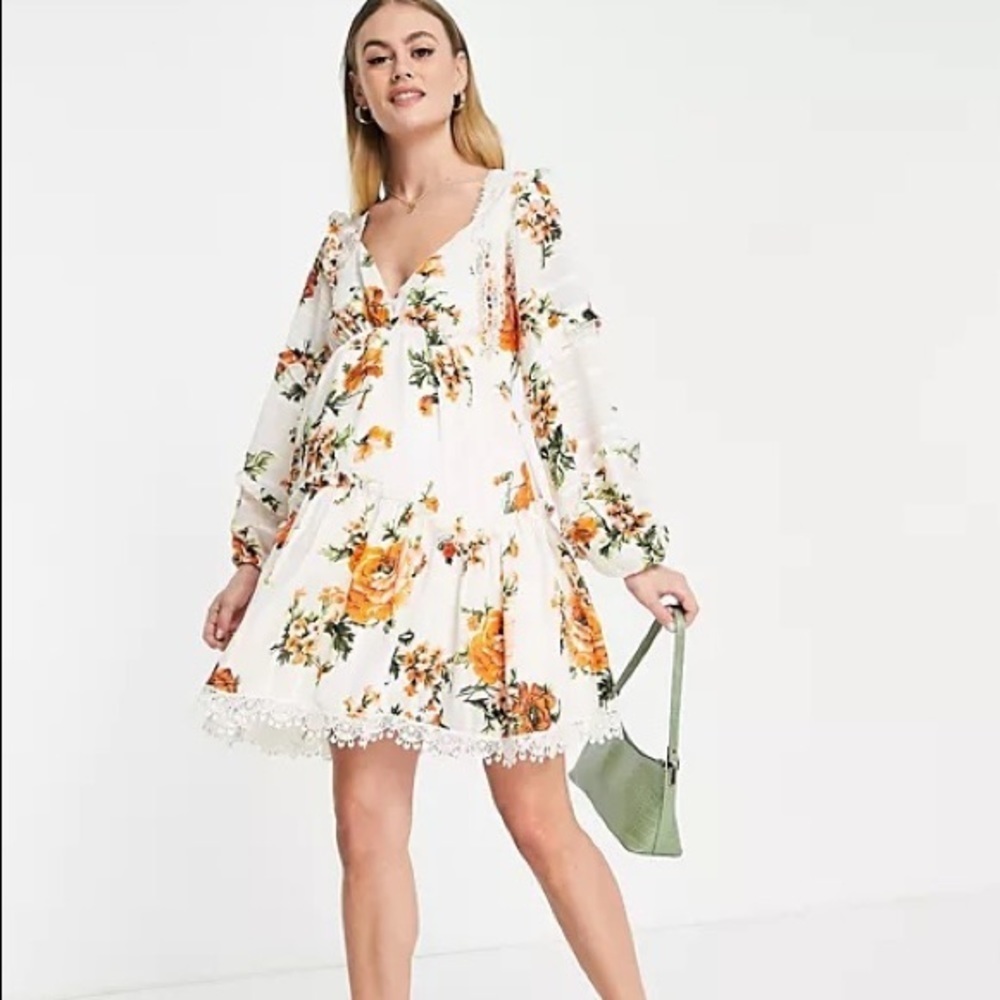 ASOS DESIGN Maternity lace insert tiered mini dress with trim detail floral US 8 - Picture 13 of 13